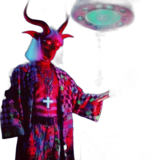 mask, staff, creature, jacket, vaporwave, concept art, outer space, ominous transparent PNG cut-out