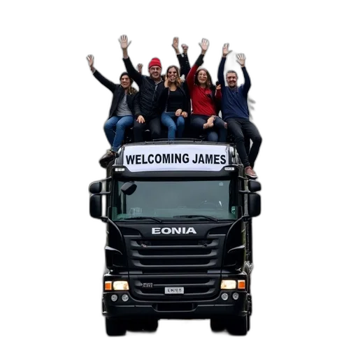 large, black, truck, driving, down, street, group, people transparent PNG cut-out