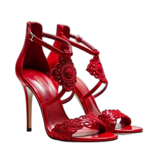 shoes, jewelry, photorealistic, 3d render, red, pair, high-heeled, sandals transparent PNG cut-out