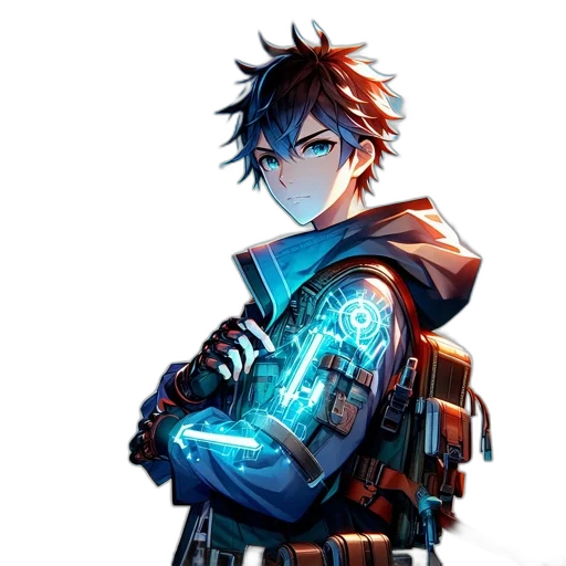 weapon, jacket, staff, sword, concept art, fantasy art, pixel art, cyberpunk transparent PNG cut-out
