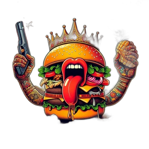 food, pixel art, concept art, photorealistic, 3d render, personified, hamburger, tatts transparent PNG cut-out