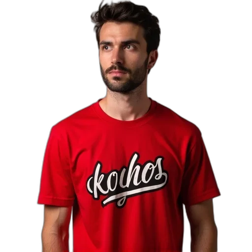 red, man, wearing, t-shirt, stylized, white, black, logo transparent PNG cut-out