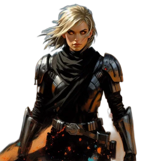 concept art, comic book art, fantasy art, cyberpunk, dark, golden, earth tones, woman transparent PNG cut-out