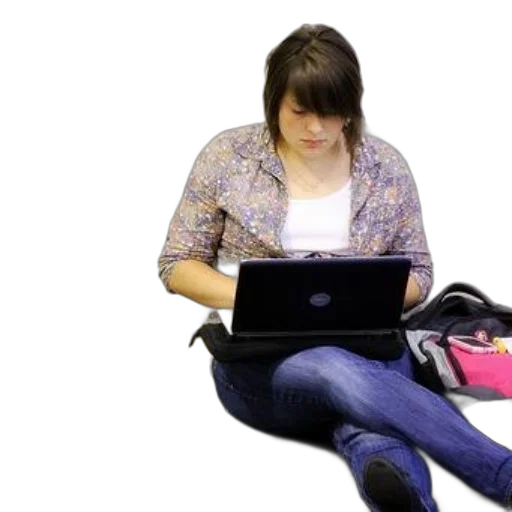 staff, 3d render, woman, sits, floor, laptop, wearing, floral transparent PNG cut-out