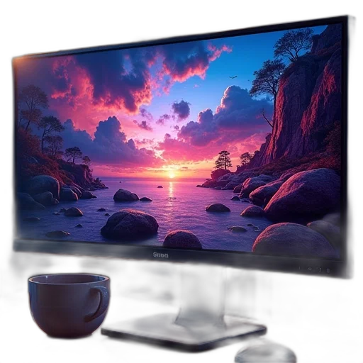 furniture, robot, 3d render, photorealistic, concept art, beach, sunset, monitor transparent PNG cut-out