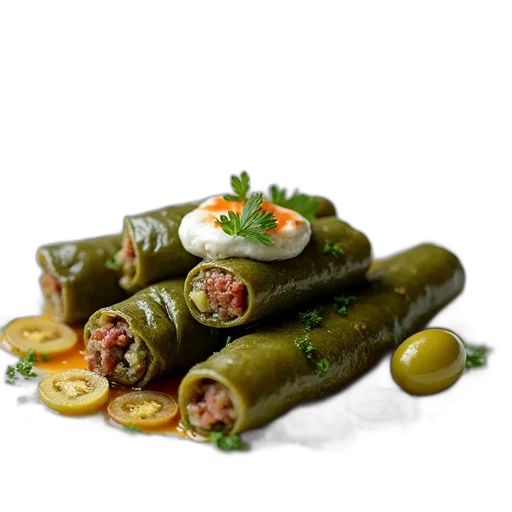 food, photorealistic, 3d render, plate, green, stuffed, grape, leaves transparent PNG cut-out