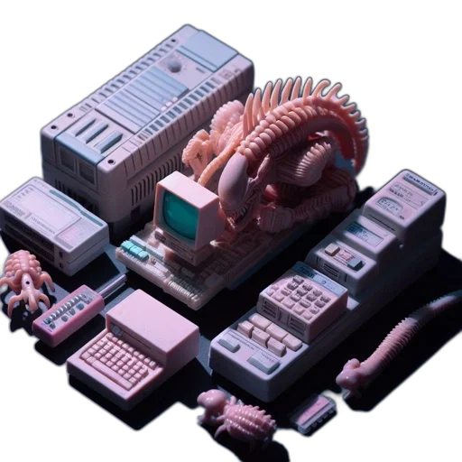 robot, staff, weapon, 3d render, cyberpunk, vaporwave, concept art, vintage transparent PNG cut-out