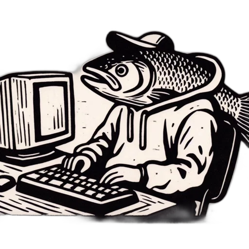 cartoon, vaporwave, illustration, anthropomorphic, fish, black, white, desk transparent PNG cut-out