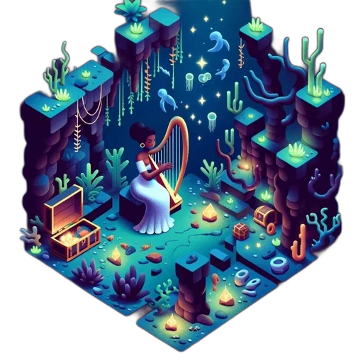 robot, creature, pixel art, concept art, fantasy art, 3d render, underwater, outer space transparent PNG cut-out