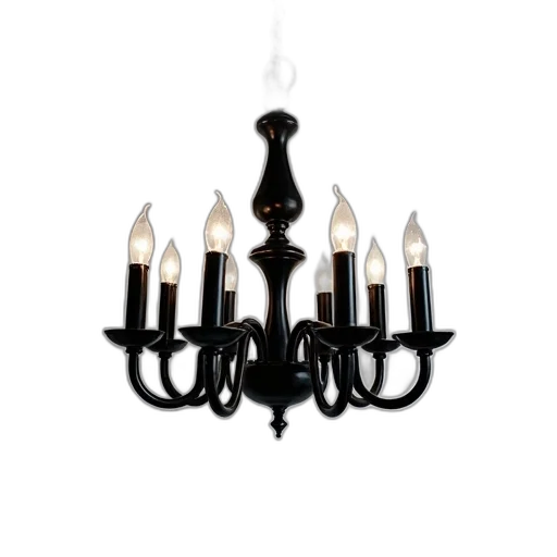 3d render, black, chandelier, multiple, candle-like, lights, central, ornate transparent PNG cut-out