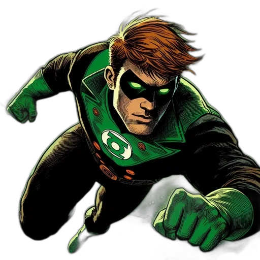 comic book art, concept art, green, superhero, identified, lantern, flies, through transparent PNG cut-out