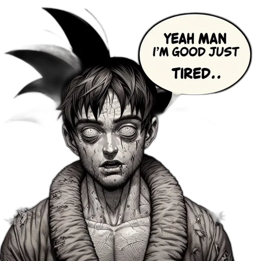 comic book art, concept art, exhausted, figure, spiky, hair, speaks, through transparent PNG cut-out
