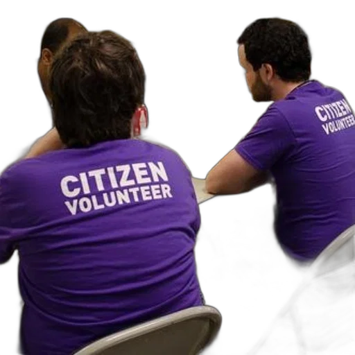 two, individuals, wearing, purple, citizen, volunteer, shirts, sit transparent PNG cut-out