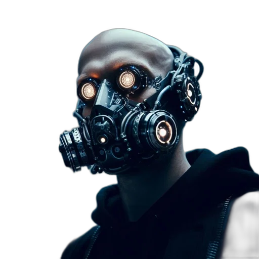 mask, robot, face, jacket, cyberpunk, concept art, 3d render, photorealistic transparent PNG cut-out