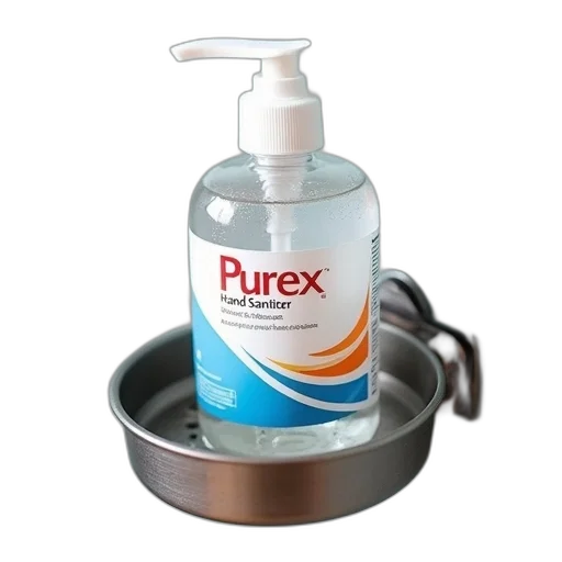 bottle, hand, sanitizer, placed, metal, soap, dish, white transparent PNG cut-out