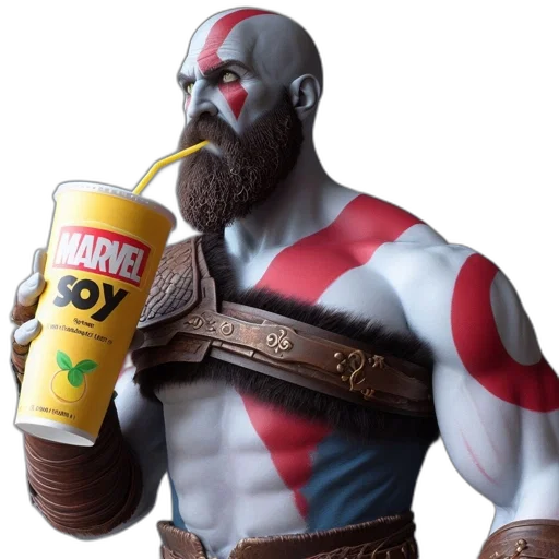 concept art, 3d render, fantasy art, kratos-inspired, character, drinks, marvel, soy transparent PNG cut-out