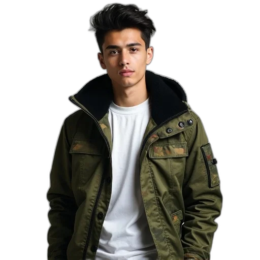 jacket, face, staff, photorealistic, 3d render, earth tones, dark, green transparent PNG cut-out