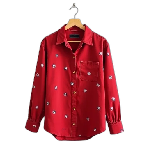 jacket, red, shirt, floral, pattern, hanging, wooden, hanger transparent PNG cut-out