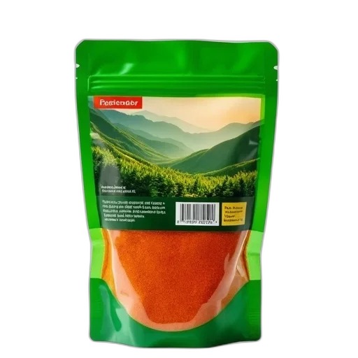 food, photorealistic, bag, chili, powder, green, orange, color transparent PNG cut-out