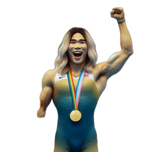 3d render, photorealistic, concept art, jubilant, medal-winning, athlete, gold, blue transparent PNG cut-out