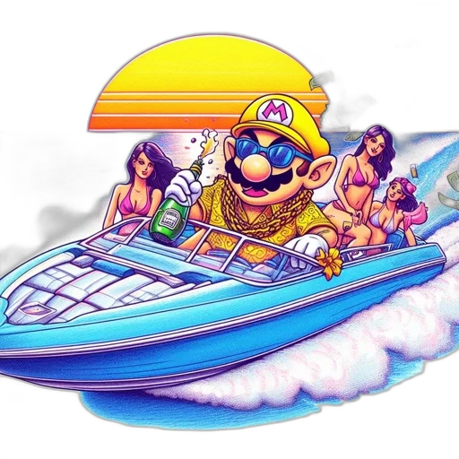 vaporwave, concept art, pixel art, watercolor, mario, golden, suit, accompanied transparent PNG cut-out