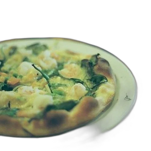 food, 3d render, photorealistic, pizza, shrimp, spinach, white, plate transparent PNG cut-out