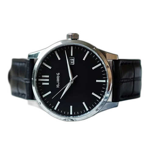 black, silver, wristwatch, leather, strap, displayed, white, surface transparent PNG cut-out