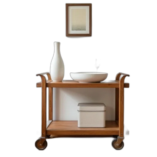 furniture, earth tones, wooden, cart, white, vase, bowl, top transparent PNG cut-out