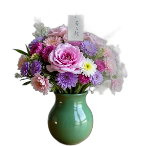 flower, photorealistic, pastel, vibrant, bouquet, flowers, green, vase transparent PNG cut-out