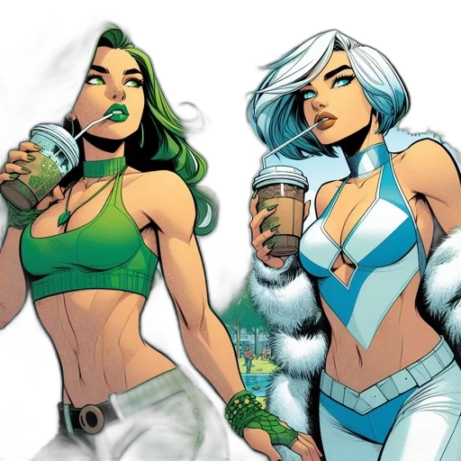 comic book art, concept art, green, two, animated, characters, blue, outfits transparent PNG cut-out