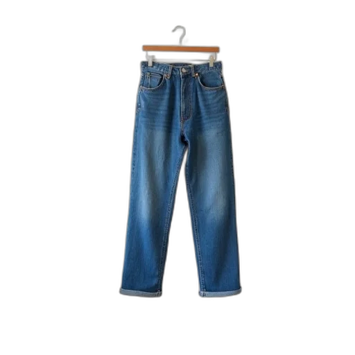 pair, blue, jeans, hanging, wooden, hanger, against, white transparent PNG cut-out