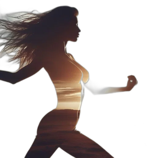 photorealistic, woman, running, dancing, silhouette, against, sunset, sunrise transparent PNG cut-out