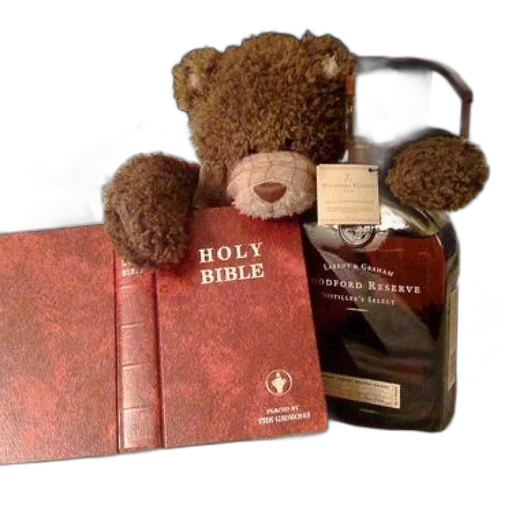 teddy, bear, holds, holy, bible, next, bottle, woodford transparent PNG cut-out