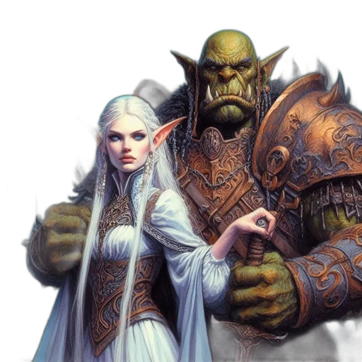 fantasy art, concept art, comic book art, photorealistic, two, characters, elf, silver transparent PNG cut-out