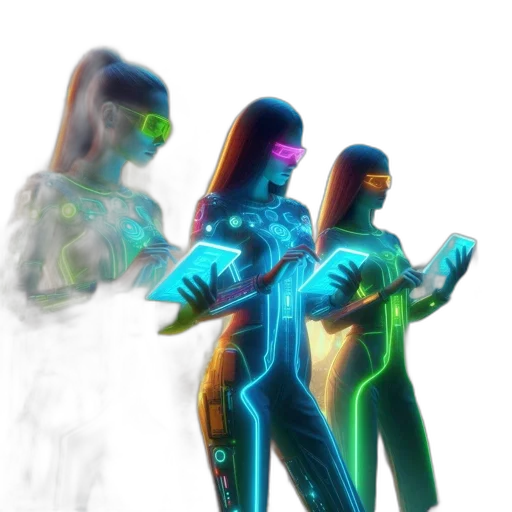 jacket, robot, staff, concept art, 3d render, vaporwave, cyberpunk, neon lights transparent PNG cut-out