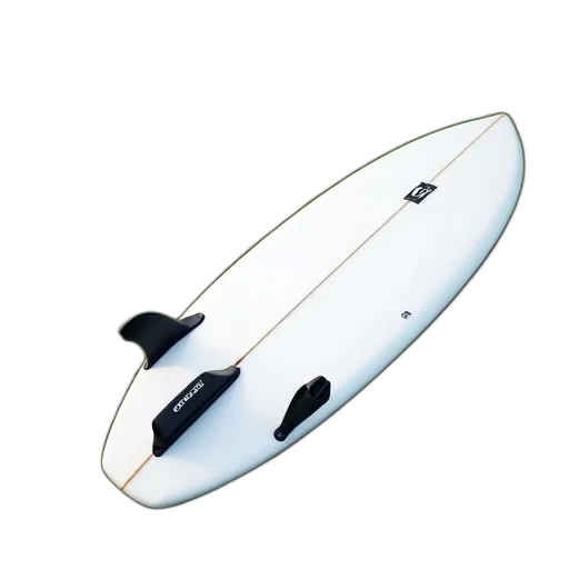 weapon, photorealistic, white, surfboard, black, fin, logo, tail transparent PNG cut-out
