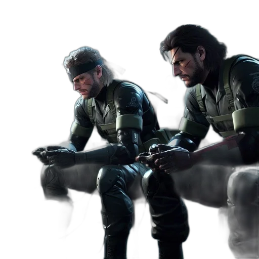 concept art, 3d render, two, iconic, metal, gear, solid, characters transparent PNG cut-out
