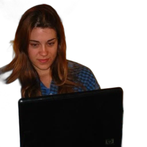 staff, face, woman, long, hair, sits, front, laptop transparent PNG cut-out
