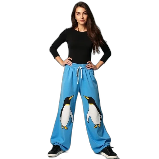 blue, woman, wearing, black, top, pants, penguin, design transparent PNG cut-out