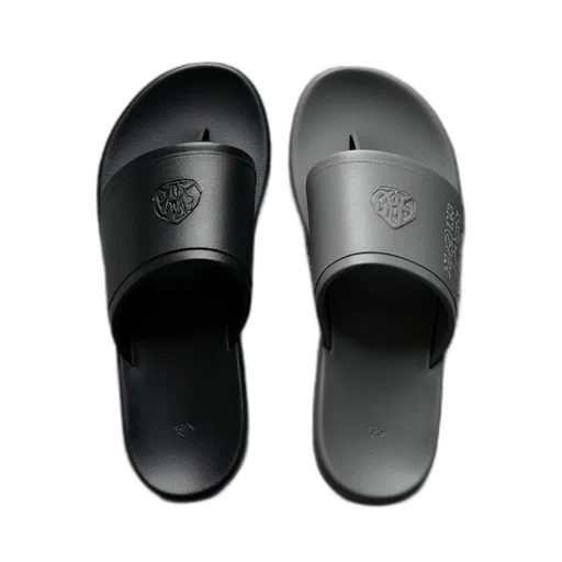 shoes, pair, black, flip-flops, logo, side, grey, placed transparent PNG cut-out