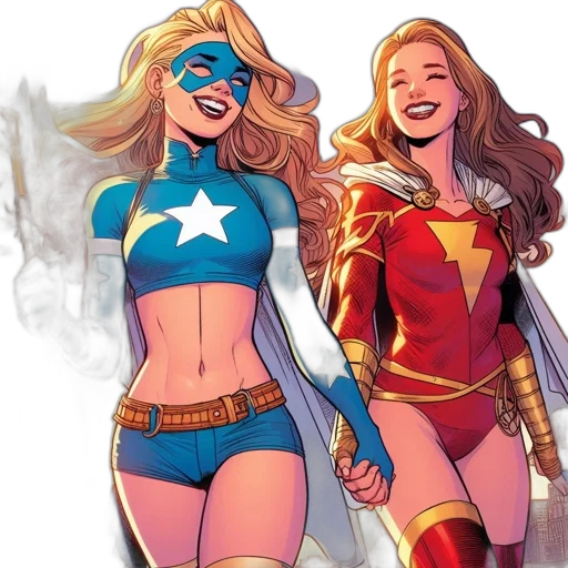 comic book art, concept art, two, female, superheroes, stand, together, amidst transparent PNG cut-out