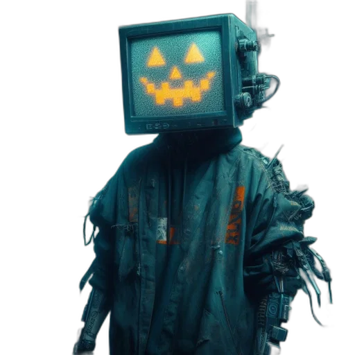 robot, mask, jacket, creature, concept art, cyberpunk, 3d render, pixel art transparent PNG cut-out