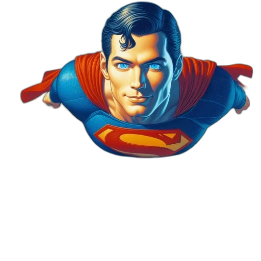 face, comic book art, concept art, photorealistic, cartoon, superman, hovers, above transparent PNG cut-out