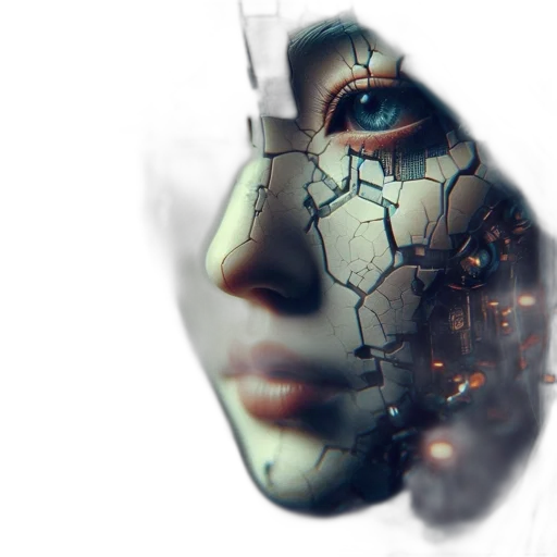 mask, face, robot, cyberpunk, concept art, 3d render, photorealistic, woman transparent PNG cut-out