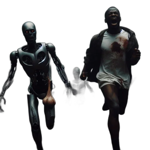robot, concept art, 3d render, comic book art, dark, foggy, forest, terrified transparent PNG cut-out