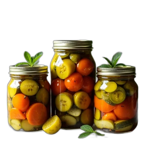 food, photorealistic, three, jars, filled, pickles, relish transparent PNG cut-out