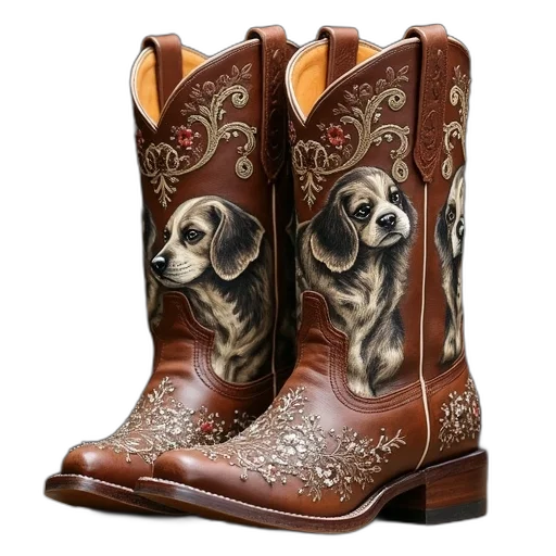shoes, photorealistic, pair, brown, leather, cowboy, boots, intricate transparent PNG cut-out