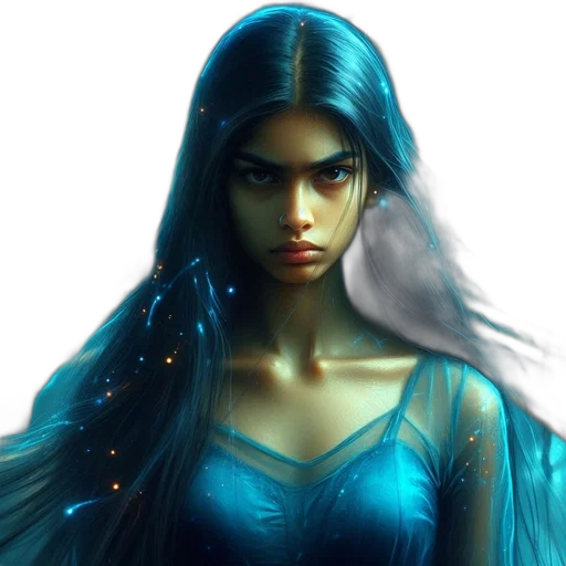 dress, face, fantasy art, concept art, photorealistic, oil painting, blue, luminous transparent PNG cut-out