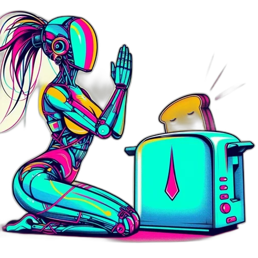 robot, cyberpunk, vaporwave, concept art, cartoon, neon lights, outer space, neon transparent PNG cut-out