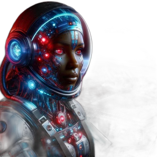 robot, face, cyberpunk, concept art, 3d render, comic book art, outer space, inside transparent PNG cut-out